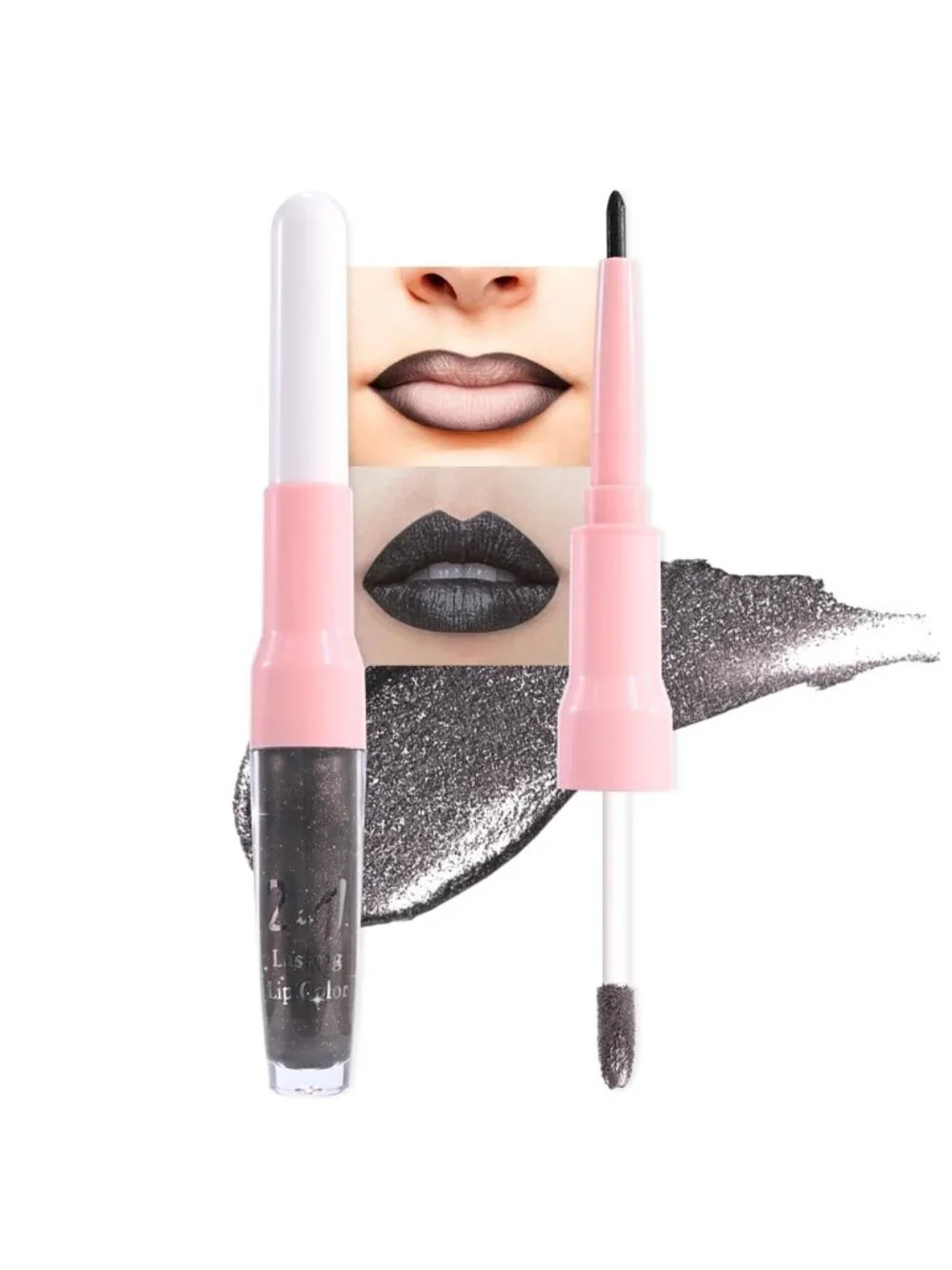 Women 17# Black Coal-Metallic 2-in-1 Metallic Long Lasting Lipstick & Lip Liner
